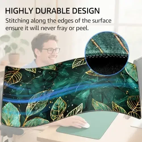 KTRIO Large Gaming Mouse Pad with Stitched Edges, Extended Mousepad with Superior Micro-Weave Cloth, Non-Slip Base, Water Resist Keyboard Pad for Gamer, Office & Home, 31.5x15.7in, Green Leaves - 3