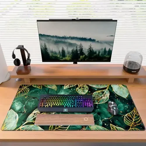 KTRIO Large Gaming Mouse Pad with Stitched Edges, Extended Mousepad with Superior Micro-Weave Cloth, Non-Slip Base, Water Resist Keyboard Pad for Gamer, Office & Home, 31.5x15.7in, Green Leaves - 6