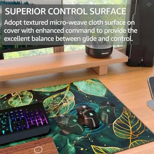 KTRIO Large Gaming Mouse Pad, Desk Mat, 31.5 x 15.7 in, Green Leaves, XXL | Smooth Micro-Weave Surface, Artistic Pattern Design, Non-Slip Rubber Base, Durable Stitched Edges, Office & Home Use - 2