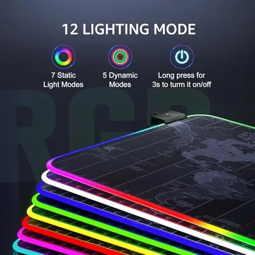 KTRIO RGB Large Gaming Mouse Pad Desk Mat, Superior Micro-Weave Cloth, Non-Slip Rubber Base, Stitched Edges, Water-Resistant, for Gamer, Office & Home, 31.5 x 15.7 in, RGB World Map - 2