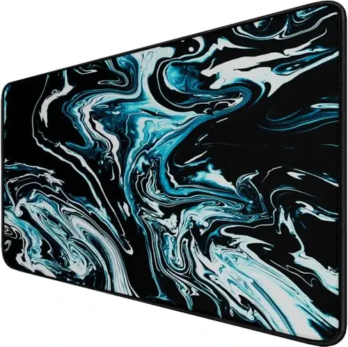 Gaming Mouse Pad with Stitched Edges, Durable Non-Slip Natural Rubber Base, Waterproof Computer Keyboard Pad Mat for Esports Pros/Gamer/Desktop/Office/Home - Marble Cyan - 1