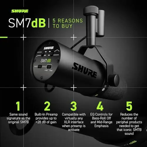 Динамический вокальный микрофон Shure SM7dB с предусилителем для стриминга, подкастов и записи, широкий диапазон частот, теплое и плавное звучание, прочная конструкция, съемная ветрозащита - черный - 4