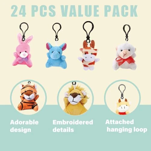 DINESIL 24 Pack Mini Plush Animals Toys, Small Stuffed Animal Plush Keychain Set for Goodie Bag Fillers, Easter Basket Stuffers, Easter Party Favors, Classroom Prizes - 4