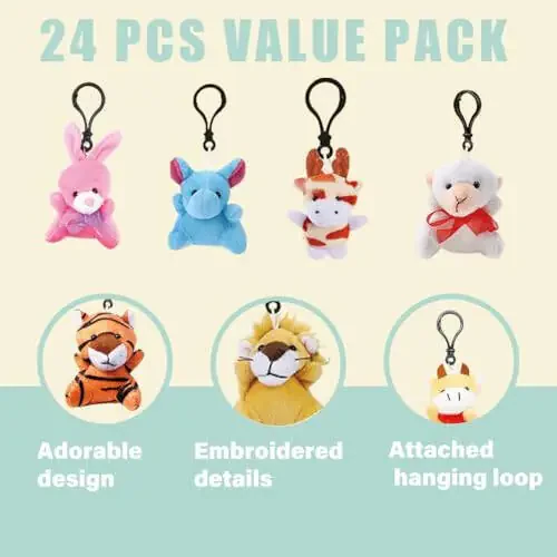 DINESIL 24 Pack Mini Plush Animals Toys, Small Stuffed Animal Plush Keychain Set for Goodie Bag Fillers, Easter Basket Stuffers, Easter Party Favors, Classroom Prizes - 4