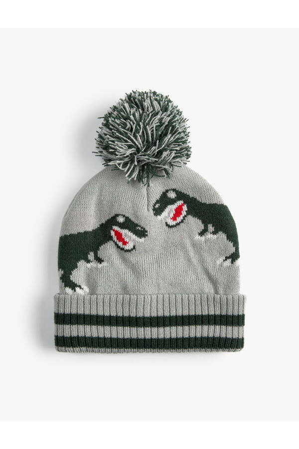 Dinosaur patterned, pompom detailed knit beanie. - 4