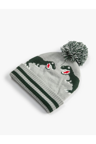 Dinosaur patterned, pompom detailed knit beanie. - 5