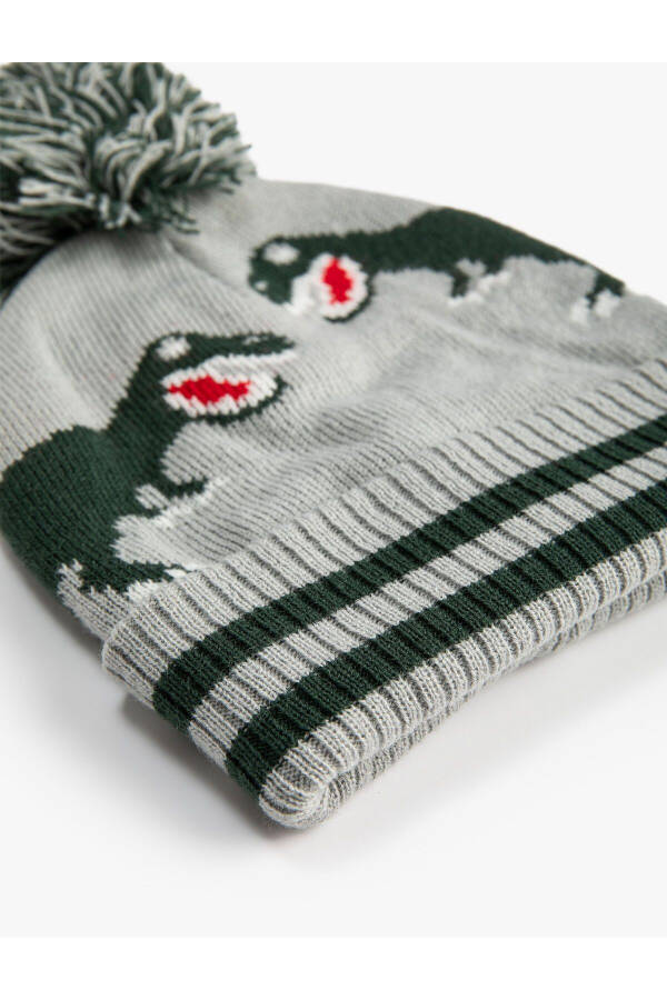 Dinosaur patterned, pompom detailed knit beanie. - 6