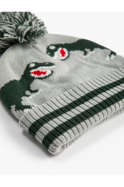 Dinosaur patterned, pompom detailed knit beanie. - 3