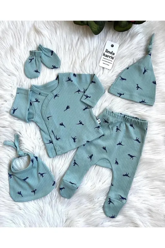 Dinosaur Pattern Mint 5’li Yenidoğan Hastane Çıkışı Seti - 1