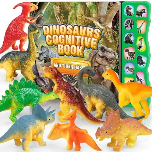 Dinosaur Toys,Dinosaur Sound Book with Pack of 12 Toy Figures,Realistic Roars,Interactive Perfect for Kids Dinosaurs Educational Toys for 3 4 5 6Year Old Boys&Girls - 1