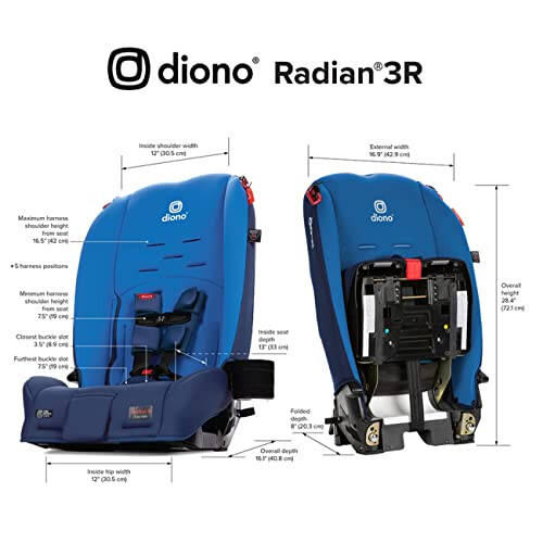 Diono Radian 3R, 3-in-1 Convertible Car Seat, Rear Facing & Forward Facing, 10 Years 1 Car Seat, Slim Fit 3 Across, Blue Sky - 10