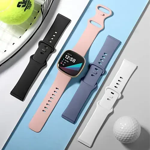 Dirrelo 4 Pack Band Fitbit Sense & Fitbit Versa 3 bilan mos keladi, ayollar va erkaklar uchun yumshoq TPU sport soati tasmali Versa 3 Sense Smartwatch bilaguzuk kichik, qora/ko'k-kulrang/oq/qumsiz pushti - 3