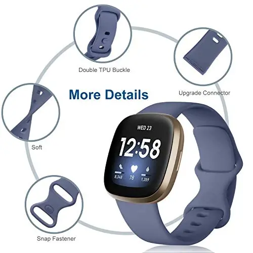 Dirrelo 4 Pack Band Fitbit Sense & Fitbit Versa 3 bilan mos keladi, ayollar va erkaklar uchun yumshoq TPU sport soati tasmali Versa 3 Sense Smartwatch bilaguzuk kichik, qora/ko'k-kulrang/oq/qumsiz pushti - DIRRELO (1)