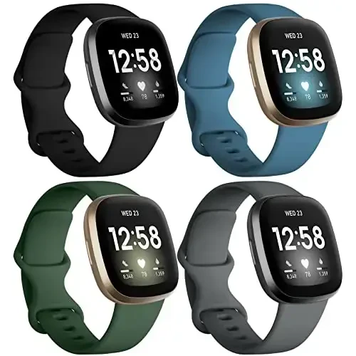 Dirrelo 4 Pack Band Fitbit Versa 3 & Fitbit Sense Bands ayollar erkaklar bilan mos keladi, Yumshoq TPU Sport Soat Tasmachasi Sense Versa 3 Smartwatch Bilaguzuk Katta, Qora/To'q yashil/To'q kulrang/Indigo - DIRRELO