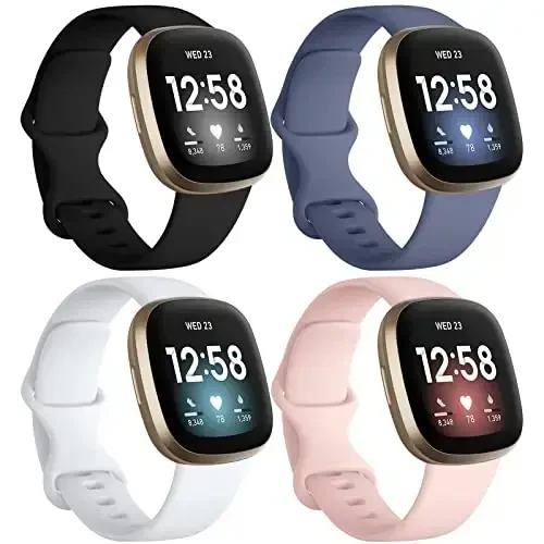 Dirrelo 4 Pack Band Fitbit Versa 3 & Fitbit Sense Bands bilan mos ayollar erkaklar, yumshoq TPU sport soati tasmasi Sense Versa 3 Smartwatch bilaguzuk katta, Qora/Koʻk-kulrang/Oq/Qum pushti 