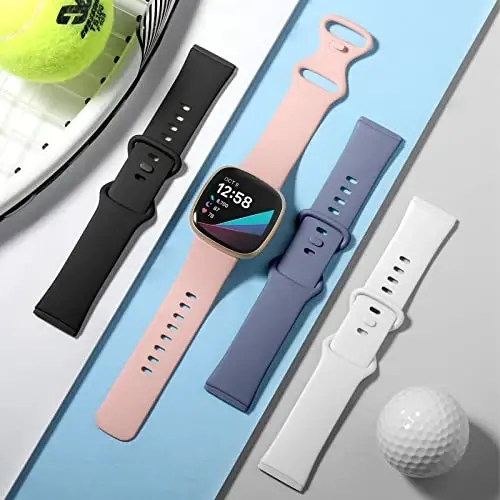 Dirrelo 4 Pack Band Fitbit Versa 3 & Fitbit Sense Bands bilan mos ayollar erkaklar, yumshoq TPU sport soati tasmasi Sense Versa 3 Smartwatch bilaguzuk katta, Qora/Koʻk-kulrang/Oq/Qum pushti - 3