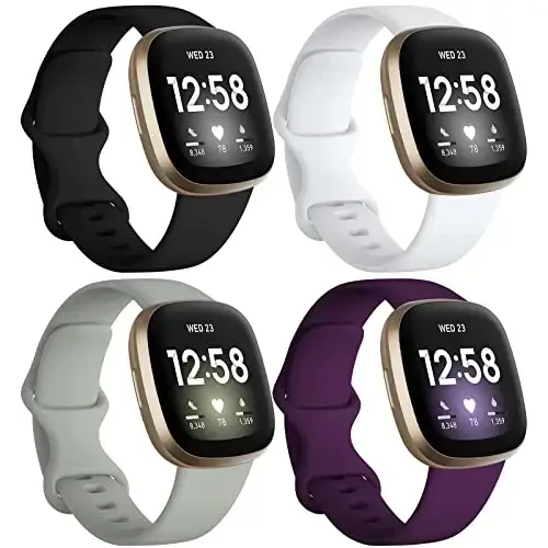 Dirrelo 4 Pack Bands Fitbit Versa 3 / Sense bilan mos keladi, Yumshoq TPU Sport tasmali almashtiriladigan aqlli soat bilaguzuk Ayollar uchun erkaklar Rangli aksessuarlar, Katta, Qora Oq Kulrang Modena - 1