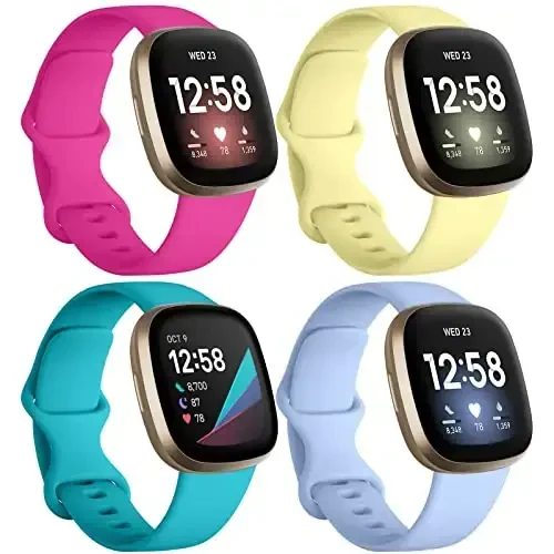 Dirrelo 4 Pack Tasmalar Fitbit Versa 3 / Sense bilan mos, Yumshoq TPU Sport Tasmali O'zgartirish Sense Aqlli soat Bilagi ayollar uchun erkaklar Rangli Aksessuarlar, Katta, Atirgul Choy Liliya Sariq - 1