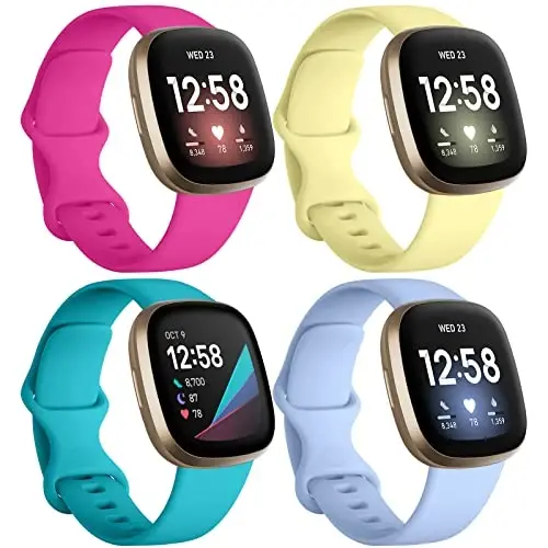 Dirrelo 4 Pack Tasmalar Fitbit Versa 3 / Sense bilan mos, Yumshoq TPU Sport Tasmali O'zgartirish Sense Aqlli soat Bilagi ayollar uchun erkaklar Rangli Aksessuarlar, Katta, Atirgul Choy Liliya Sariq - 1