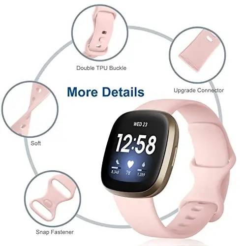 Dirrelo 4 Pack tasmalar Fitbit Versa 3/Sense bilan mos keladi, Yumshoq TPU Sport Tasma O'zgartirish Versa3 Aqlli soat bilaguzuk Ayollar Erkaklar uchun Rangli Aksessuarlar, Katta, Kulrang Lavanda Oq Qizilpushti qum - 2