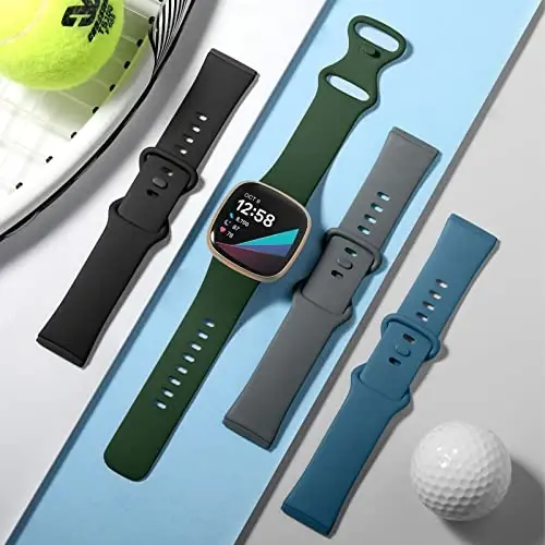 Dirrelo 4 Pack Band Compatible with Fitbit Sense & Fitbit Versa 3 Bands Women Men, Soft TPU Sport Watch Strap Replacement Versa 3 Sense Smartwatch Wristband Small, Black/Darkgreen/Darkgrey/Indigo - 4