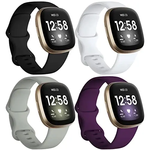 Dirrelo 4 Pack Bands Compatible with Fitbit Versa 3 / Sense, Soft TPU Sport Strap Replacement Smartwatch Wristband for Women Men Colorfull Accessories, Large, Black White Gray Modena 