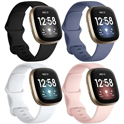 Dirrelo 4 Pack Band Compatible with Fitbit Versa 3 & Fitbit Sense Bands Women Men, Soft TPU Sport Watch Strap Replacement Sense Versa 3 Smartwatch Wristband Large, Black/Bluegrey/White/Sandpink - 1
