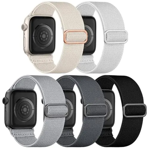 Dirrelo 5Pack Stretchy Nylon Band Apple Watch Bands bilan mos keladi, erkaklar uchun 45mm 44mm 42mm 49mm 46mm 41mm 40mm 38mm ayollar, iWatch Series 10 9 8 7 6 5 4 3 2 1 SE, Ultra uchun yumshoq elastik bilaguzuk - 1