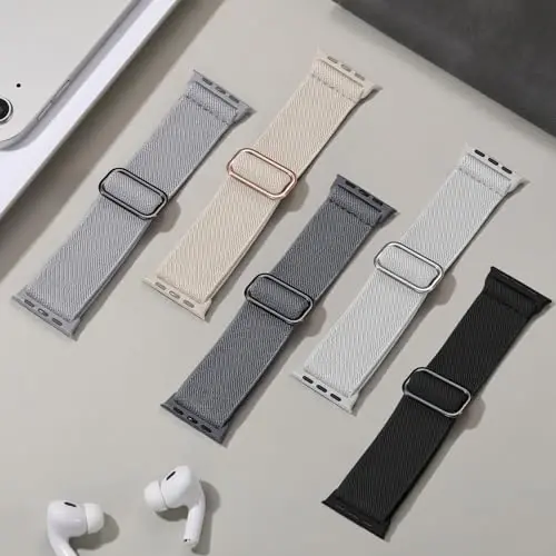 Dirrelo 5Pack Stretchy Nylon Band Apple Watch Bands bilan mos keladi, erkaklar uchun 45mm 44mm 42mm 49mm 46mm 41mm 40mm 38mm ayollar, iWatch Series 10 9 8 7 6 5 4 3 2 1 SE, Ultra uchun yumshoq elastik bilaguzuk - 5
