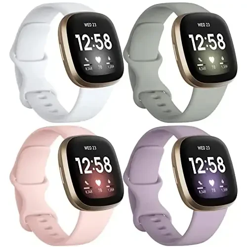 Dirrelo Bands Fitbit Sense / Versa 3 bilan mos keladi, Yumshoq TPU Sport tasmali almashtirish Versa 3 Sense Versa 4 Sense 2 Smartwatch ayollar erkaklar uchun bilaguzuk, 4 dona kichik, kulrang lavanda oq qum pushti - DIRRELO
