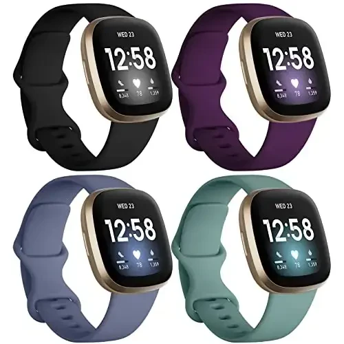 Dirrelo Bands Fitbit Sense/Versa 3 / Versa 4 / Sense 2 bilan mos keladi, Yumshoq TPU Sport tasmachasi, Ayollar va erkaklar uchun almashtiriladigan bilaguzuk, 4 dona kichik, Qora Modena Moviy-kulrang qarag'ay yashili 