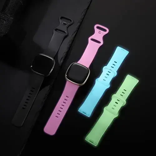 Dirrelo Compatible for Fitbit Sense Versa 3 Bands Women Men, Luminous Soft Replacement Glow Watch Band for Sense Versa 4 Sense 2 Smartwatch Wristband Small, Black/Luminous Pink & Green & Blue - 2