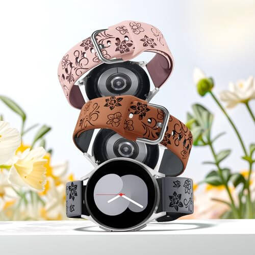 Dirrelo İki Tonlu Çiçek Gravürlü Bantlar Samsung Galaxy Watch 6/5/4 Band 40mm 44mm, Galaxy Watch 5 Pro 45mm/Watch 6&4 Classic/Active 2/Galaxy Watch 3, 20mm Yumuşak Silikon Spor Kordon Kadın - 6