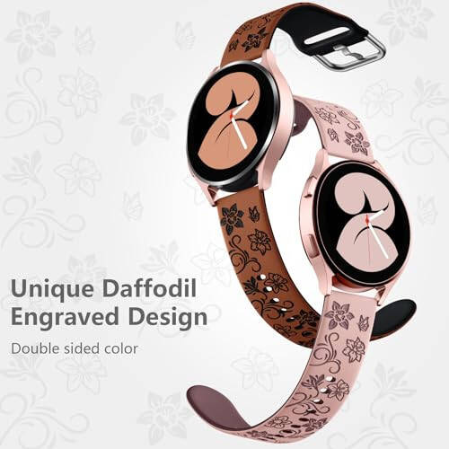 Dirrelo Two-Tone Flower Engraved Bands Compatible with Samsung Galaxy Watch 6/5/4 Band 40mm 44mm, Galaxy Watch 5 Pro 45mm/Watch 6&4 Classic/Active 2/Galaxy Watch 3, 20mm Soft Silicone Sport Strap Women - 4