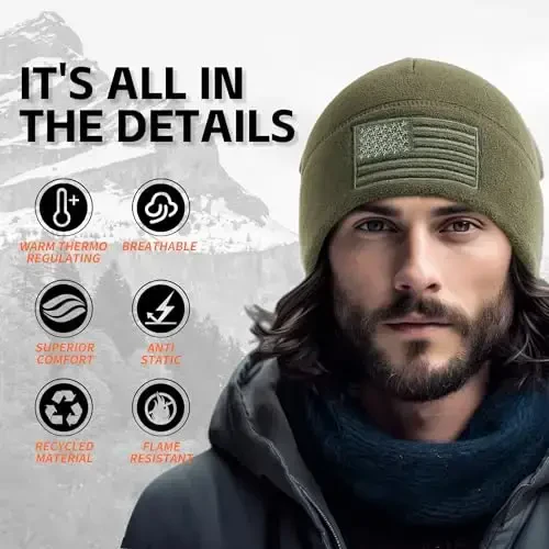 OUTDOOR SHAPING American Flag Fleece Watch Cap, USA Multi-Season Army Military Tactical Beanie, Winter Warm Beanie - 2