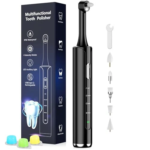 Tooth Polisher, Rechargeable Teeth Polisher with 5 Brush Heads, 4 Speed Modes, Tooth Whitening Kit for Cleaning and Polishing, LED Light, 3 Polish Pastes, IPX6 Waterproof Teeth Cleaning Tools, Black - CrazyNov