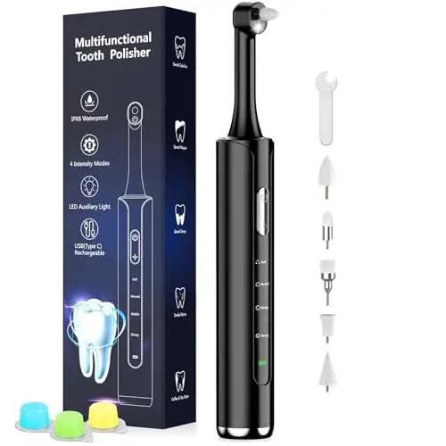Tooth Polisher, Rechargeable Teeth Polisher with 5 Brush Heads, 4 Speed Modes, Tooth Whitening Kit for Cleaning and Polishing, LED Light, 3 Polish Pastes, IPX6 Waterproof Teeth Cleaning Tools, Black - 1