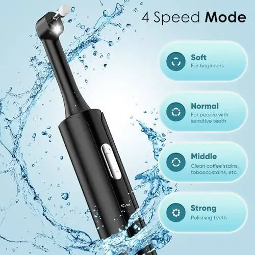 Tooth Polisher, Rechargeable Teeth Polisher with 5 Brush Heads, 4 Speed Modes, Tooth Whitening Kit for Cleaning and Polishing, LED Light, 3 Polish Pastes, IPX6 Waterproof Teeth Cleaning Tools, Black - 2