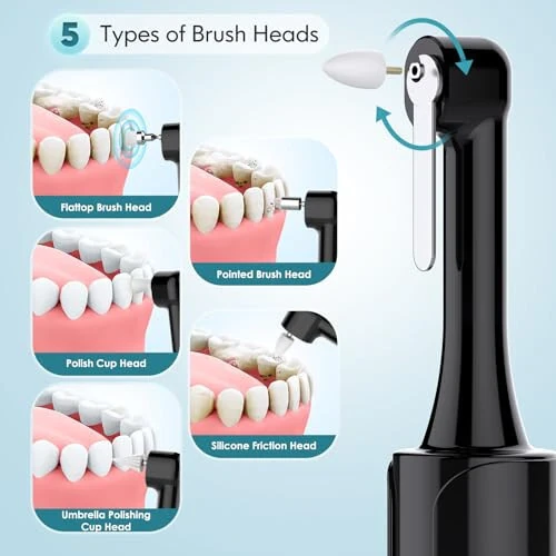 Tooth Polisher, Rechargeable Teeth Polisher with 5 Brush Heads, 4 Speed Modes, Tooth Whitening Kit for Cleaning and Polishing, LED Light, 3 Polish Pastes, IPX6 Waterproof Teeth Cleaning Tools, Black - 3
