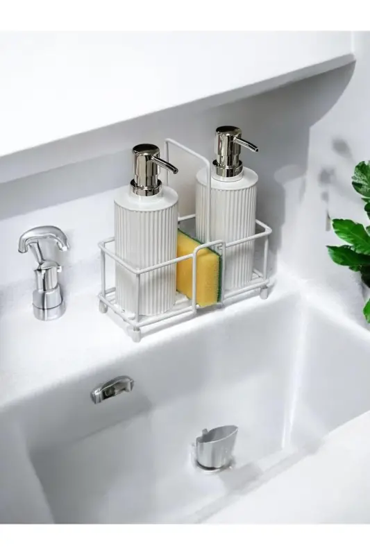 Dish Soap and Liquid Soap Dispenser Kitchen Set with Metal Stand - 1 Sponge Included - 2