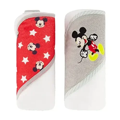 Disney Cudlie Baby Boy Mickey Mouse 2 Pack Rolled/Carded Hooded Towels in Little Stars Print - DISNEY