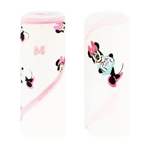 Disney Cudlie Baby Girl Minnie Mouse 2 Pack Rolled/Carded Hooded Towels in Tiny Stripe Print - 6