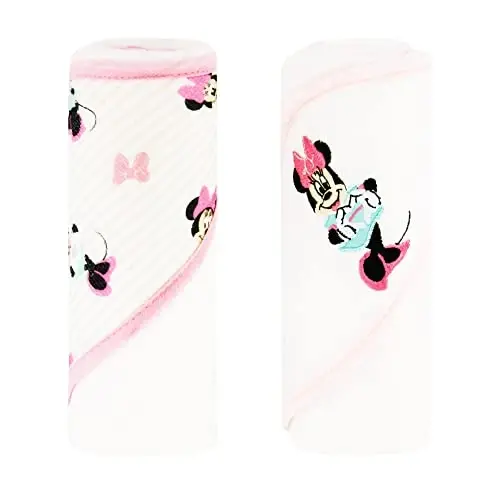 Disney Cudlie Baby Girl Minnie Mouse 2 Pack Rolled/Carded Hooded Towels in Tiny Stripe Print - 6