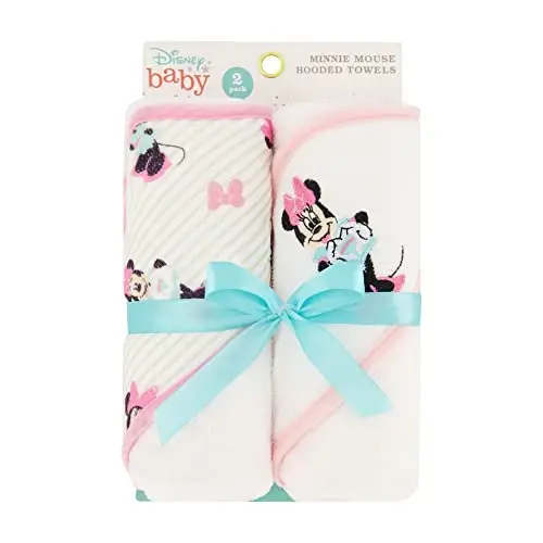 Disney Cudlie Baby Girl Minnie Mouse 2 Pack Rolled/Carded Hooded Towels in Tiny Stripe Print 