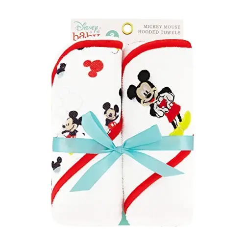 Disney Cudlie Baby Boy Mickey Mouse 2 Pack Rolled/Carded Hooded Towels in Happy Place Print - 2