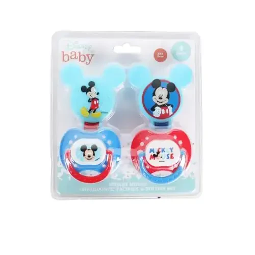 Disney Cudlie Mickey Mouse Baby Boy 4 Pack of 2 Pacifiers & 2 Clips with Old Time Mickey Print - DISNEY