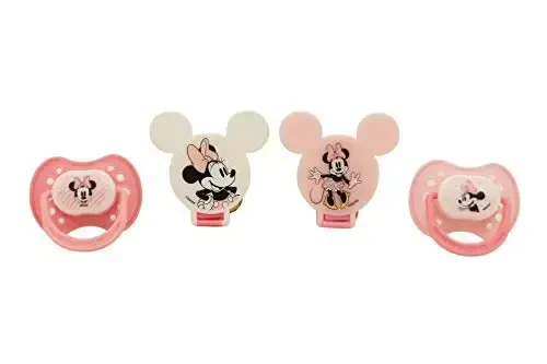 Disney Cudlie Minnie Mouse Baby Girl 4 Pack of 2 Pacifiers & 2 Clips with Sugar & Spice Print 