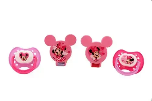 Disney Cudlie Minnie Mouse Baby Girl 4 Pack of 2 Pacifiers & 2 Clips with Hearts for Min Print - DISNEY