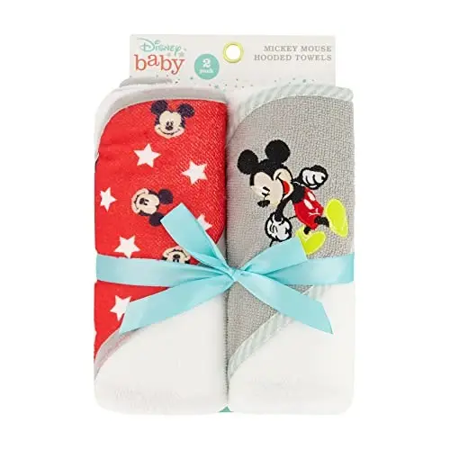 Disney Cudlie Baby Boy Mickey Mouse 2 Pack Rolled/Carded Hooded Towels in Little Stars Print - 2