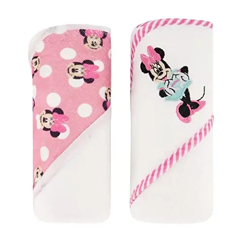 Disney Cudlie Baby Girl Minnie Mouse 2 Pack Rolled/Carded Hooded Towels in Happy Dots Print - 1